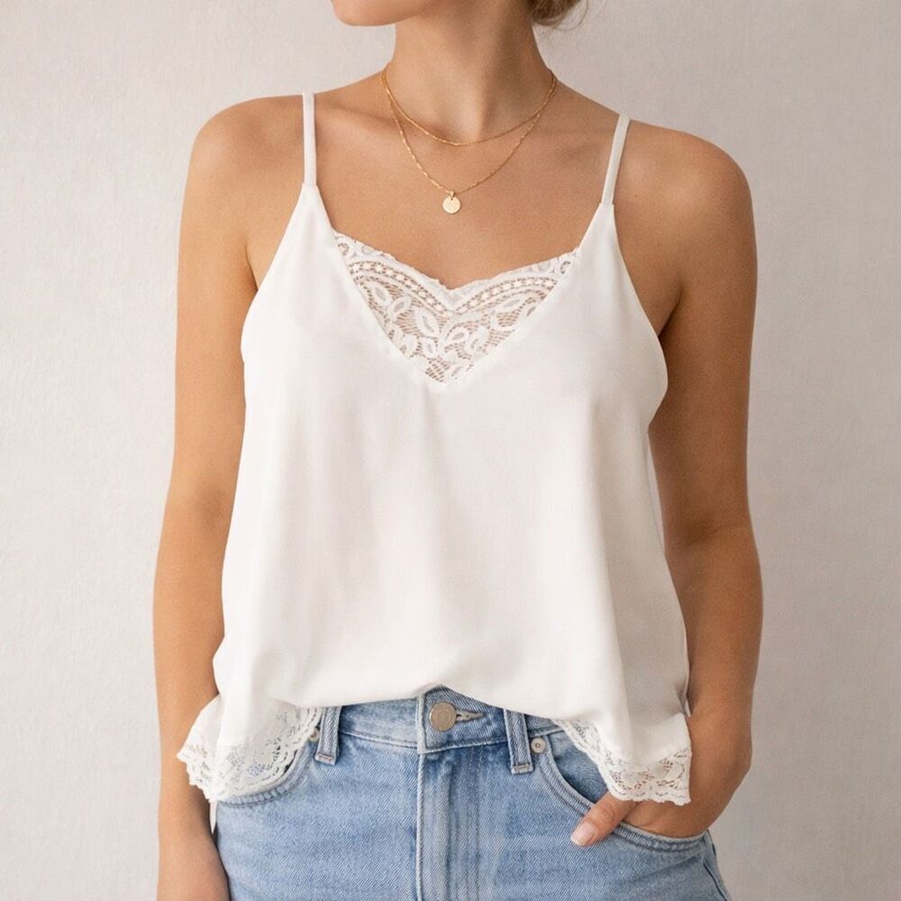 Entro White Lace Trim Cami Tank Top Size Small Flowy Boho Feminine Blouse